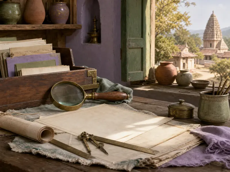 Drafting tools, parchment, and a magnifying glass on a rustic desk next to an open window overlooking stone temples.