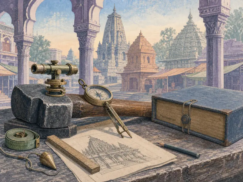 Surveying instruments, a hammer, and an architectural sketch lie on a stone ledge overlooking ancient temple towers.