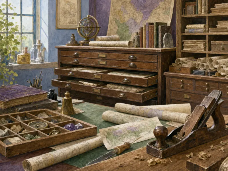 Wooden workshop table with rolled maps, plan chests, an armillary sphere, and woodworking tools by a bright window.