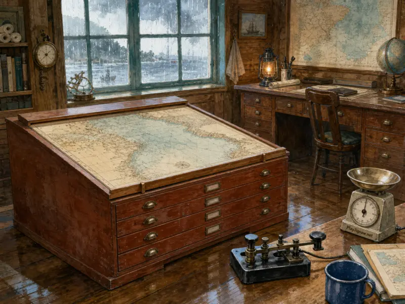 A cozy wooden maritime study with a large drafting desk holding a sea chart beside a rainy window.