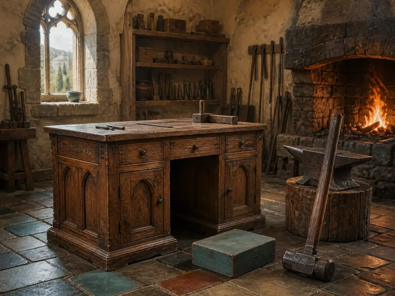 A medieval stone workshop with a heavy wooden desk, an anvil, a sledgehammer, and a roaring fire in the stone hearth.