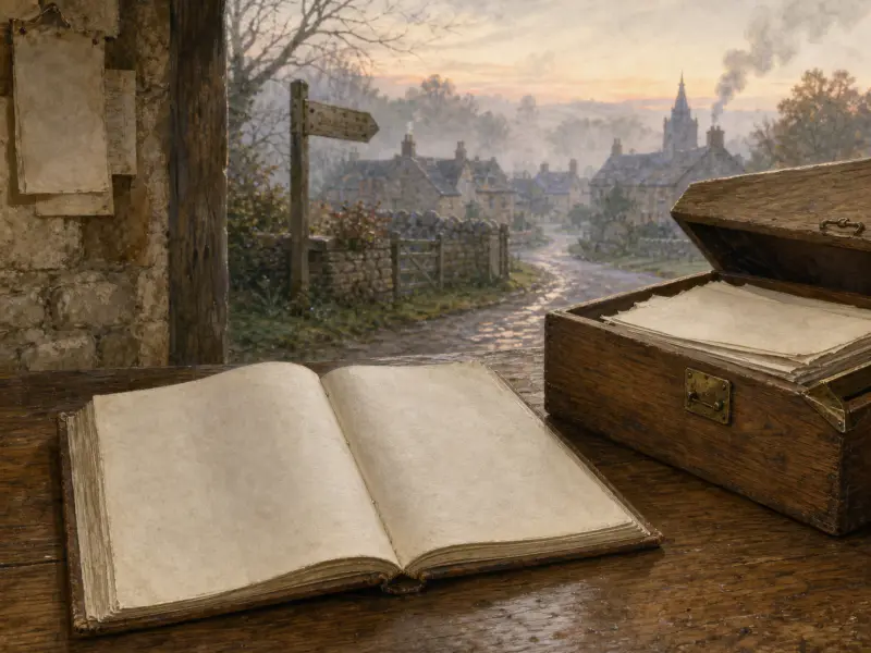 An open antique ledger on a wooden table beside a window looking out onto a misty historic stone village.