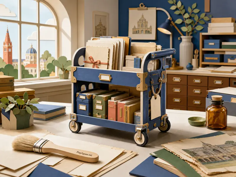 A blue miniature archive cart filled with document folders and boxes on a workshop desk near an arched window.