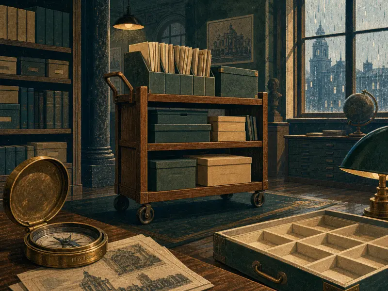 An antique archive room with a loaded wooden cart, books, and a brass compass near a rain-streaked window.