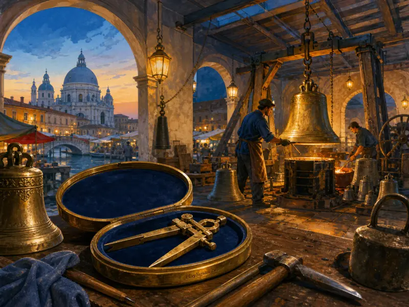 Bell foundry craftsmen casting bronze bells beneath stone arches overlooking a Venetian canal and domed basilica.
