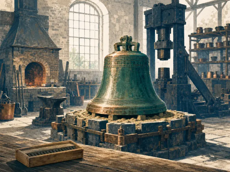 A massive bronze bell with a greenish patina resting on a stone base inside a spacious foundry with a glowing forge.