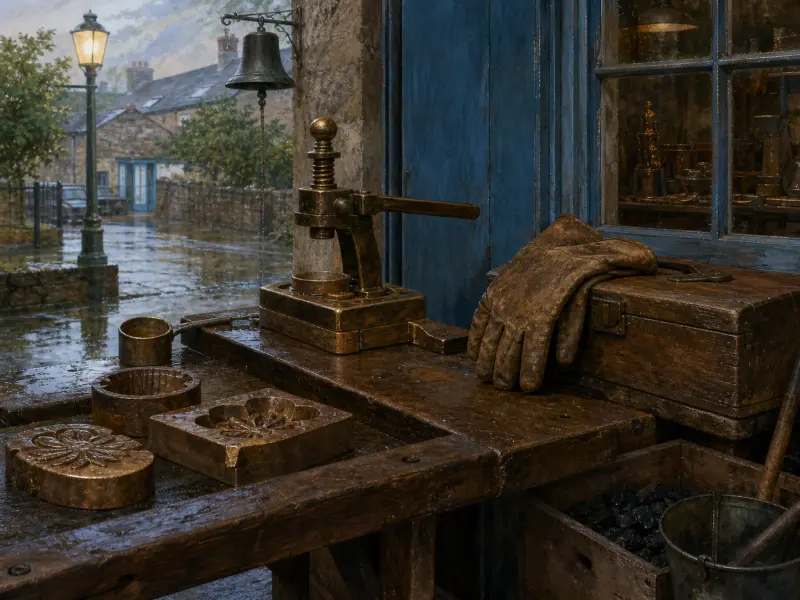 Bronze molds, a mechanical press, and leather gloves rest on a wet wooden bench beside a rainy village street.