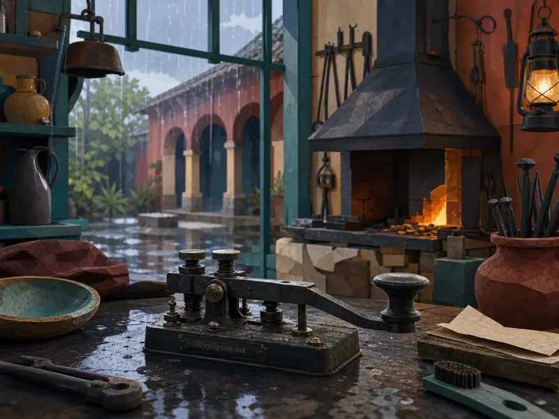 An antique telegraph key sits on a workshop bench near a glowing forge looking out at a rainy courtyard.