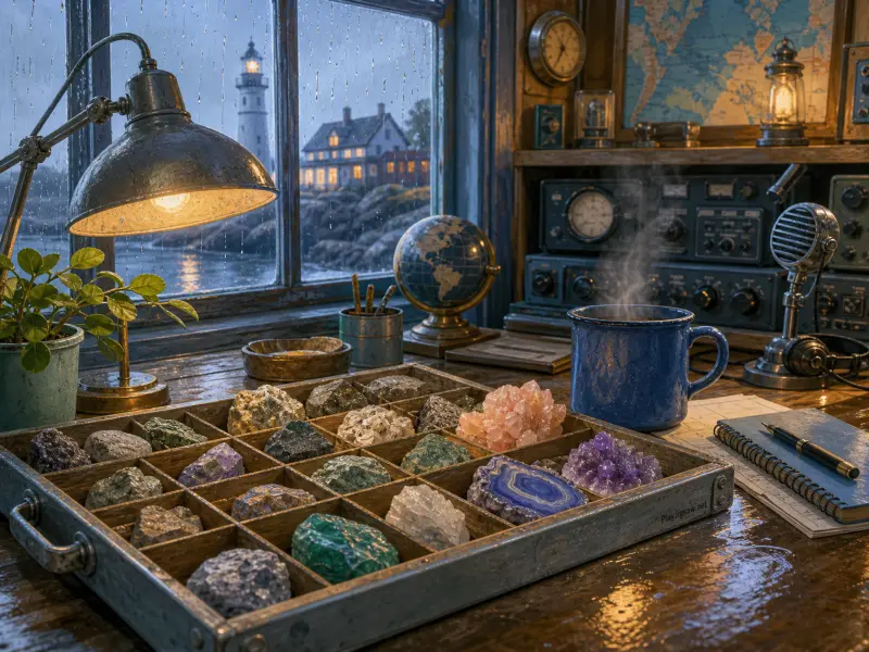 A rainy desk with a tray of colorful minerals, steaming mug, vintage radio equipment, and a view of a lighthouse.