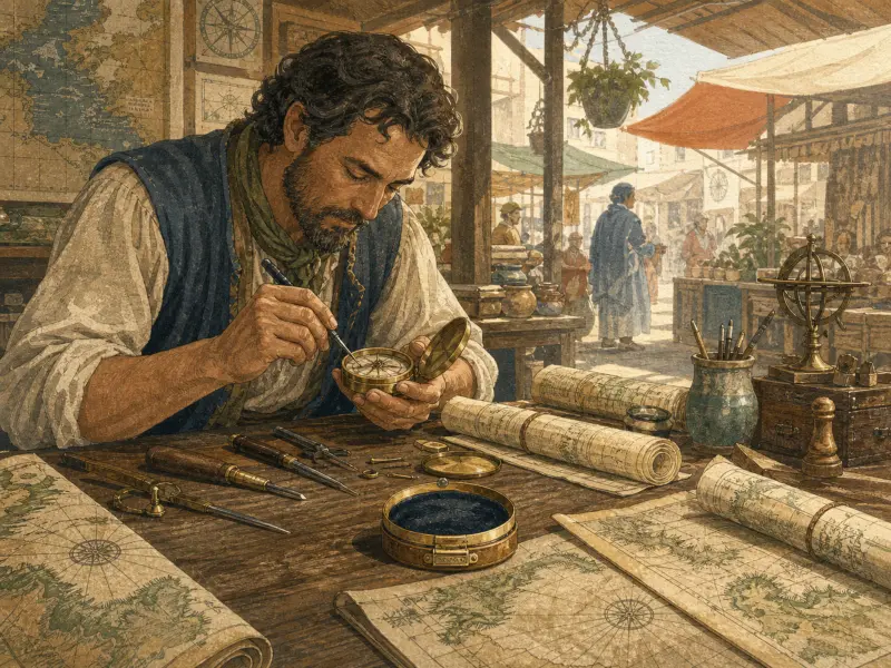 A bearded craftsman repairs a brass compass at a wooden workbench surrounded by vintage nautical maps and tools.