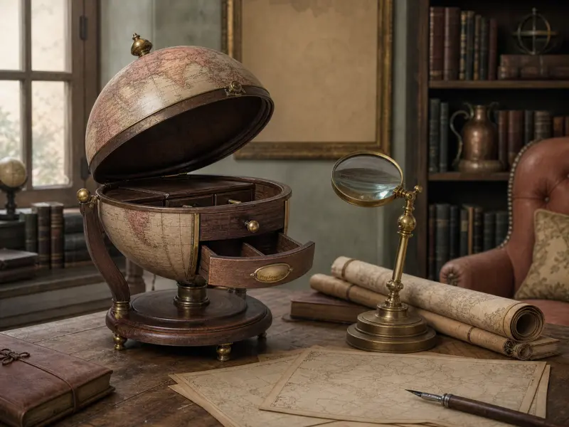 An antique globe jewelry box opened on a wooden desk alongside rolled parchment maps and a brass magnifying glass.