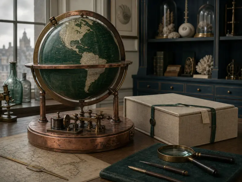 An antique green globe, linen box, magnifying glass, and map arranged on a wooden desk inside a study.