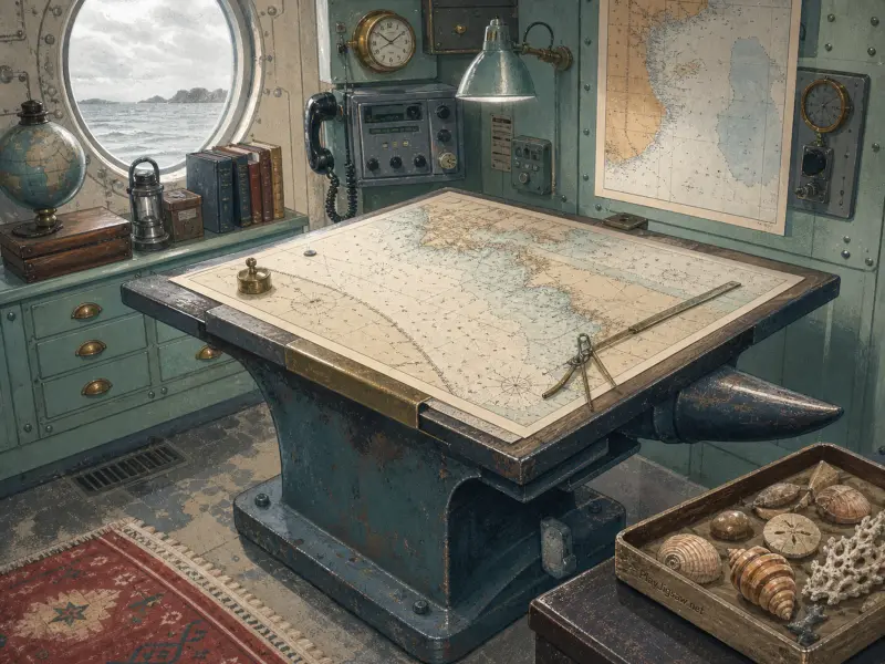 A vintage ship chartroom with a nautical map on a heavy metal table, navigational tools, and a round porthole overlooking the sea.