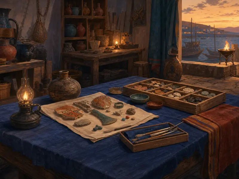 Ancient pottery fragments, stone artifacts, and paintbrushes arranged on a blue cloth table overlooking a harbor at dusk.