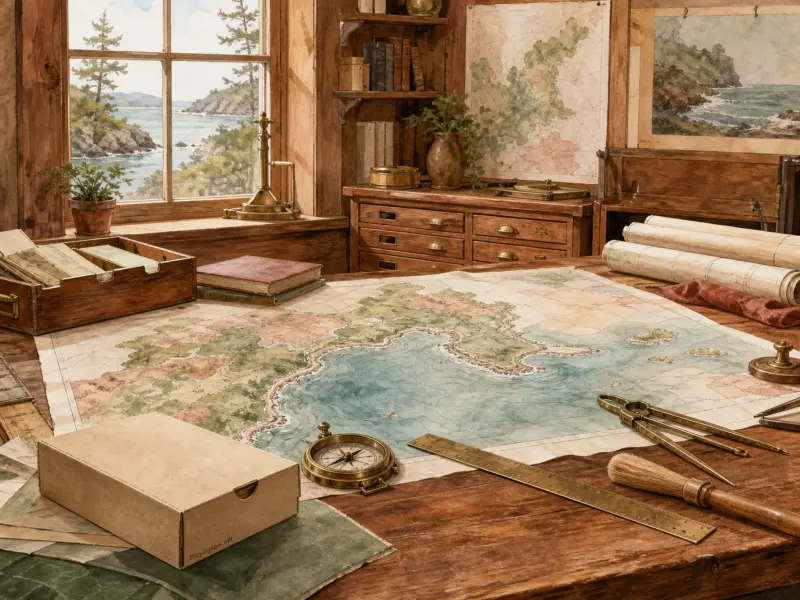 A vintage coastal map spreads across a wooden desk alongside brass drafting tools before a seaside window.