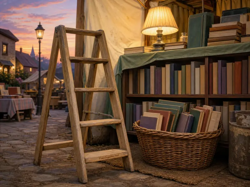 A wooden ladder next to an open-air market bookstall with a glowing lamp and basket of books under a sunset sky.