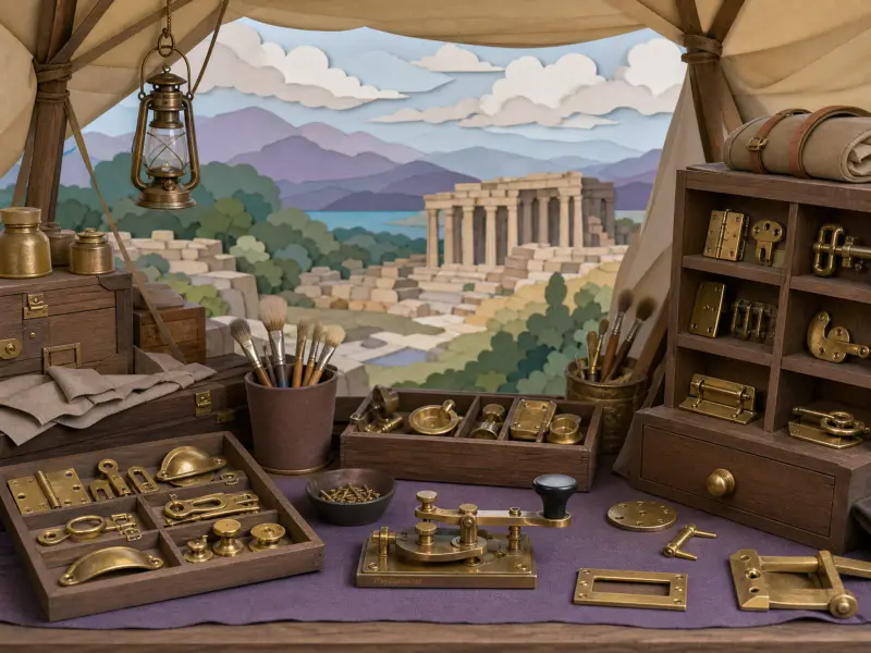An expedition tent interior with brass hardware and tools framing a vista of ancient stone temple ruins.