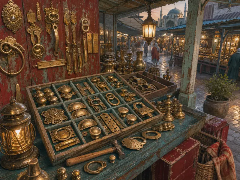 A bustling historic market stall filled with antique brass door knockers, handles, knobs, and glowing lanterns.