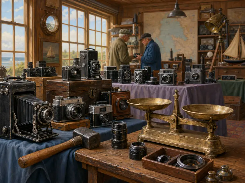 Vintage cameras, lenses, and a brass balance scale sit on a wooden table inside a coastal workshop.
