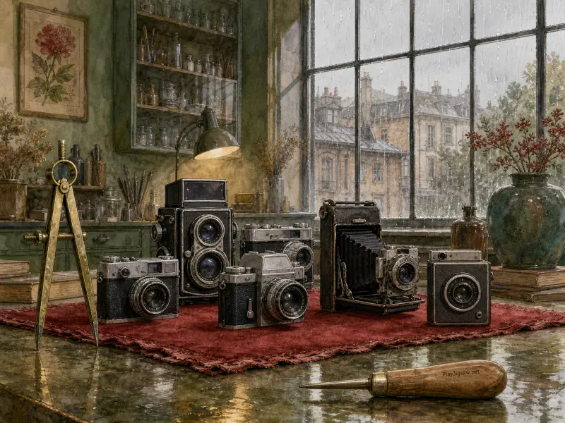Vintage film cameras arranged on a red mat beside a rain-streaked window overlooking city buildings.
