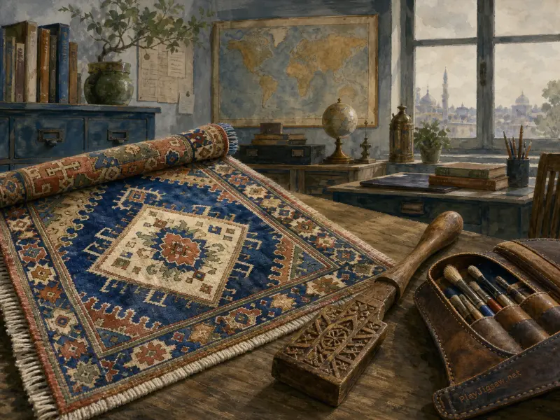 An intricately patterned blue woven rug unrolled on a wooden desk beside tools and a window overlooking a historic city.