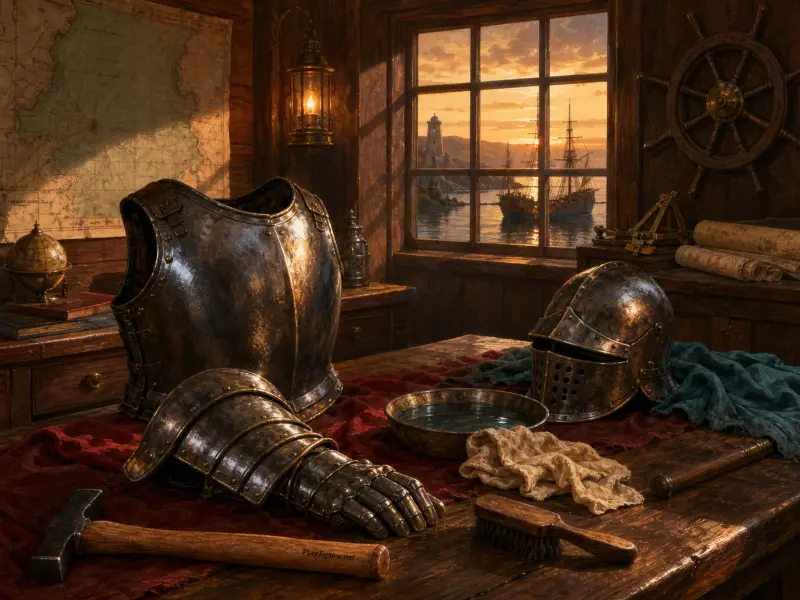 Medieval plate armor and restoration tools on a rustic wooden table overlooking a harbor at sunset through a window.