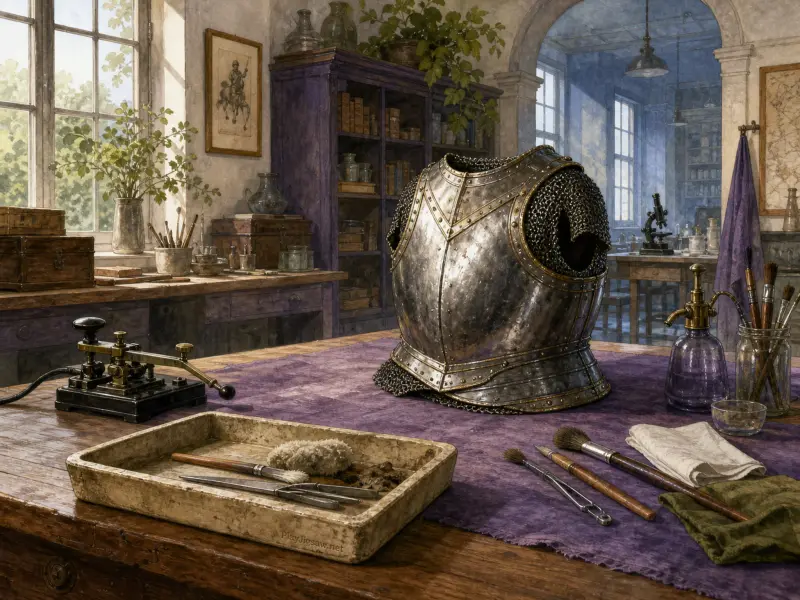 Polished steel knight armor on a workshop table surrounded by conservation brushes and antique tools.