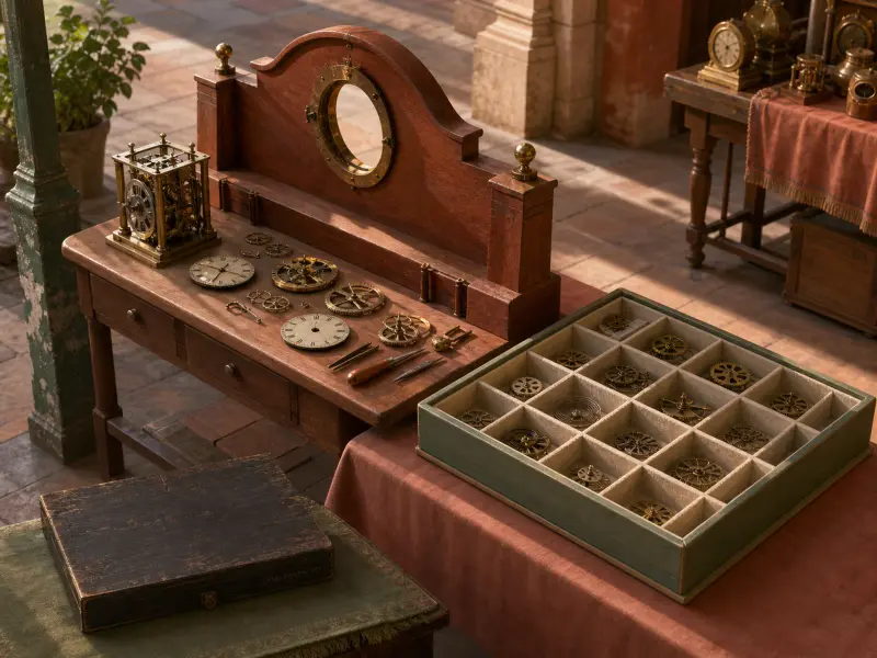 A wooden clockmaker workbench covered with disassembled brass gears, clock dials, tools, and an organizer tray.