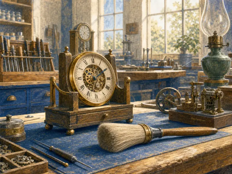 An antique brass clock and fine repair tools rest on a blue mat inside a sunlit horology workshop.