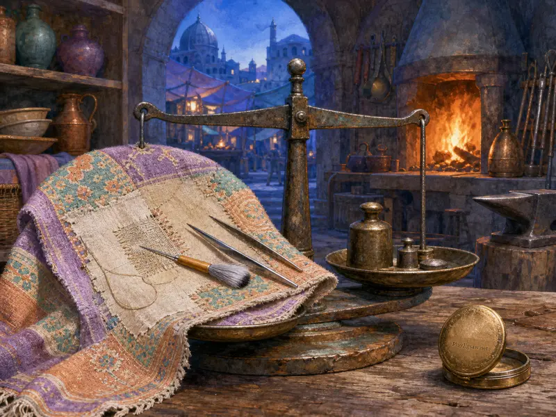 A patterned antique cloth and restoration tools rest on a balance scale inside a stone workshop with a glowing hearth.