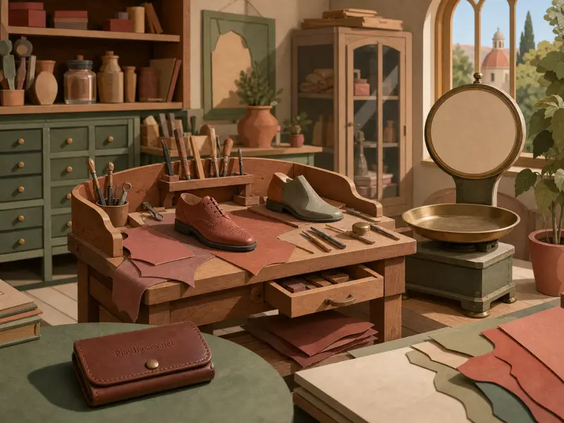 A cobbler workshop with handcrafted shoes, leather pieces, tools, and a vintage scale before an arched window.