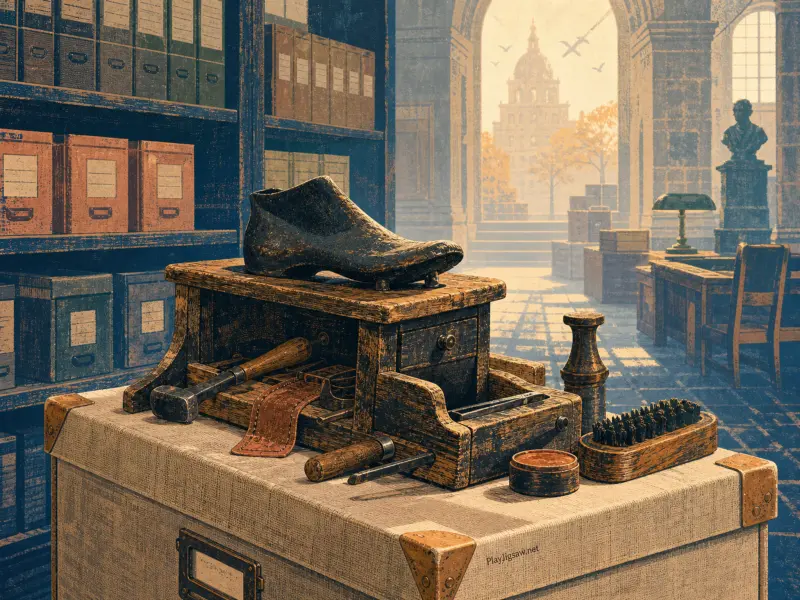 A cobbler's wooden stand with a shoe last, tools, and brush resting on a trunk inside a grand archival hall.