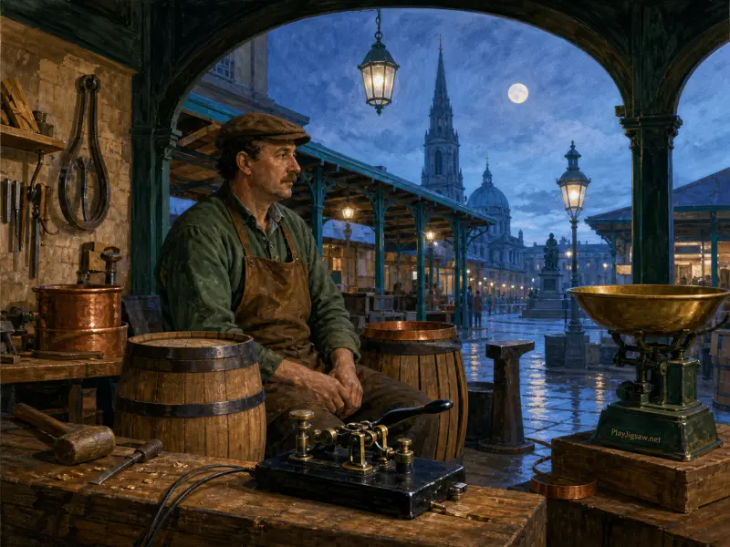 A craftsman resting in his open-air workshop filled with wooden barrels, looking out over a moonlit European square.