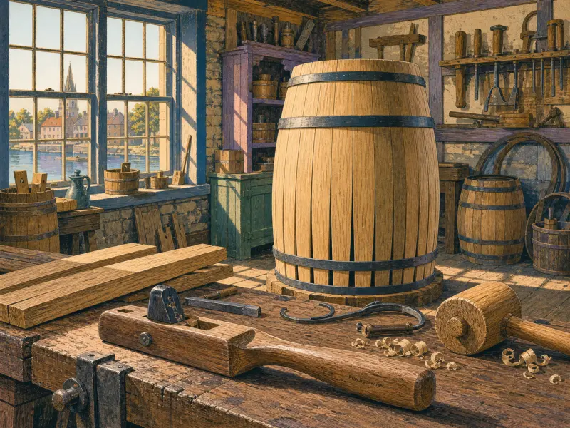 A sunlit cooper's workshop featuring wooden barrels, carving tools, wood shavings, and a scenic window view.
