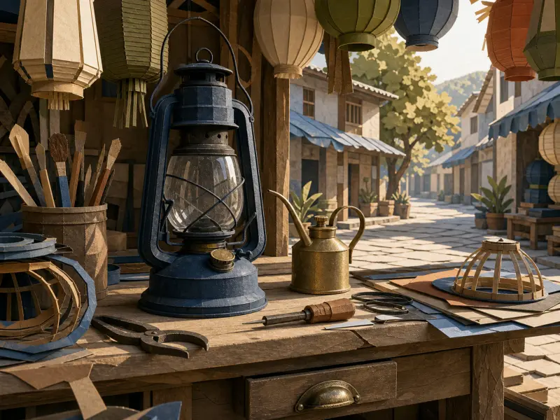 Paper lantern maker workbench with a blue kerosene lamp, brass oil can, and tools along a sunlit village street.