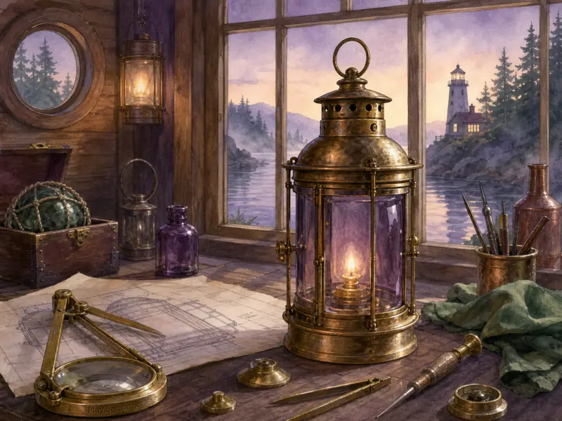 A glowing brass lantern on a workbench with nautical blueprints overlooking a lighthouse across calm evening water.