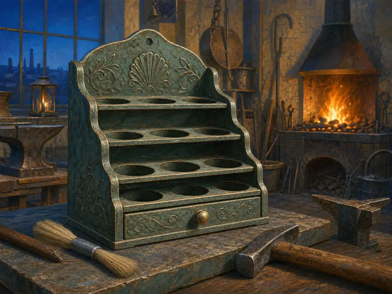 Carved green wooden stand on a workbench next to a hammer and anvil, with a glowing forge fire behind it.