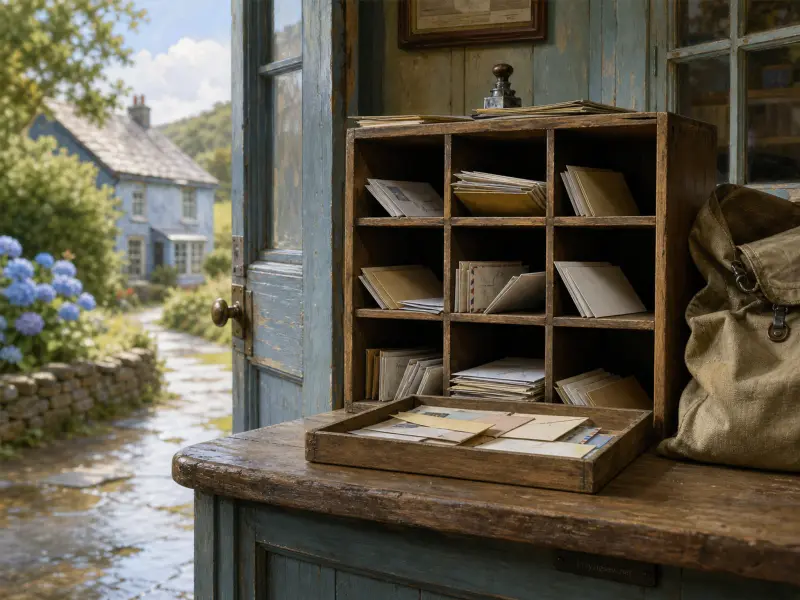 A wooden mail sorting box filled with envelopes sits by an open blue door overlooking a village garden path.