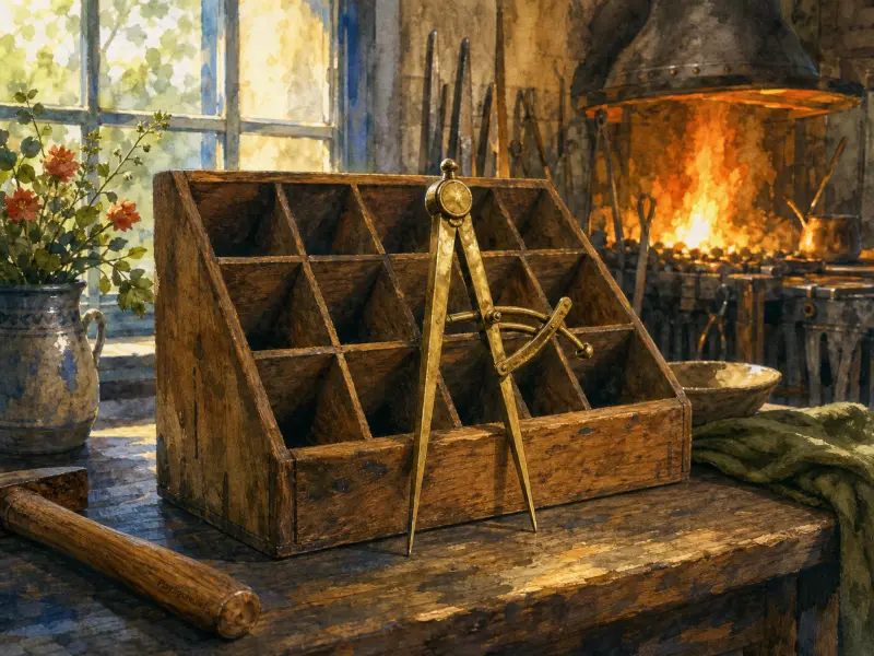 A wooden mail sorting box and brass calipers on a workshop table in front of a glowing forge.