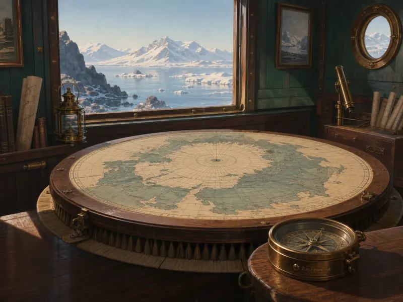 A circular polar map and brass compass in a wooden cabin overlooking snow-covered mountains and an icy bay.
