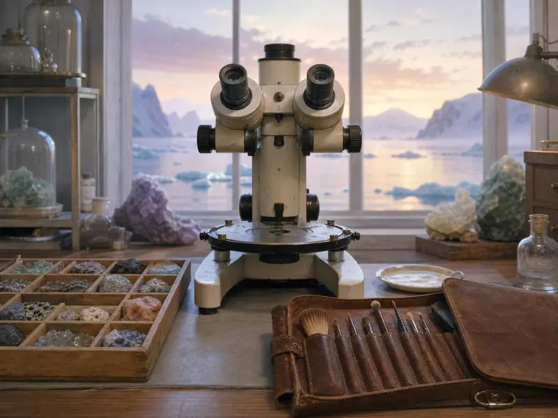 A vintage microscope and mineral collection on a wooden desk looking out onto an arctic landscape with icebergs.