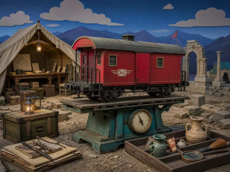 A miniature red mail car resting on a teal antique scale in an archaeological field camp with tents and ruins.