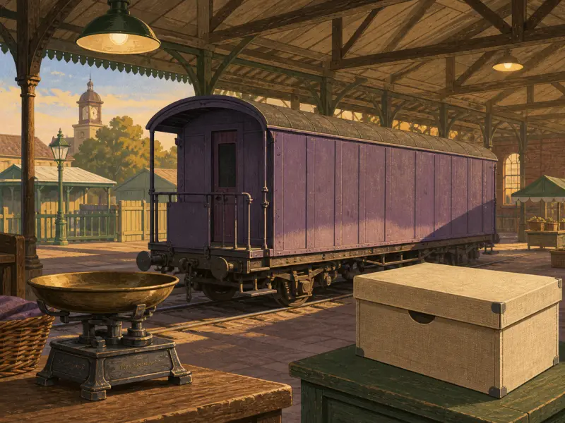 A purple train carriage parked beside a covered station platform with an antique scale and cardboard box in the foreground.