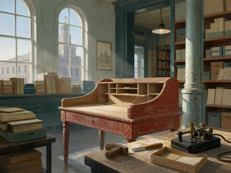 A sunlit historic office featuring a red wooden desk, arched windows showing a clock tower, and a telegraph key.
