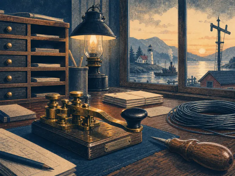 A vintage brass telegraph key on a wooden desk overlooking a seaside harbor with a lighthouse at sunset.