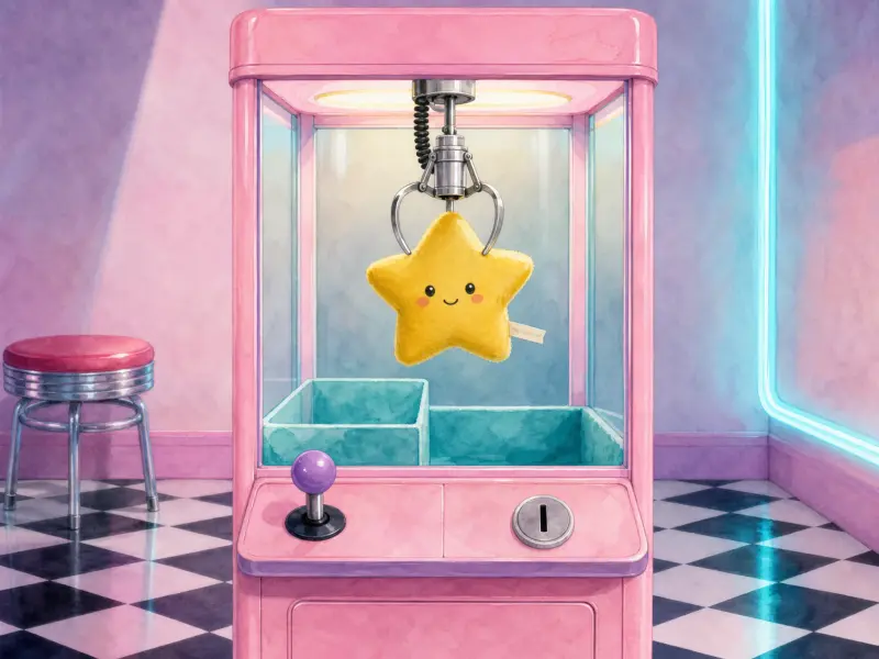 A retro pink claw machine holding a cute yellow plush star inside an arcade with checkered floors.