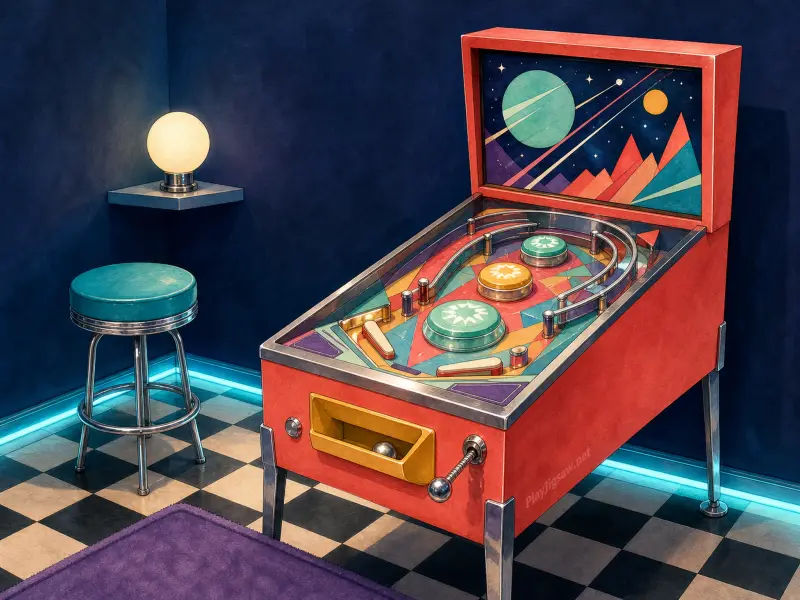 A retro red pinball machine with a space-themed backglass in a room with a checkered floor and teal stool.