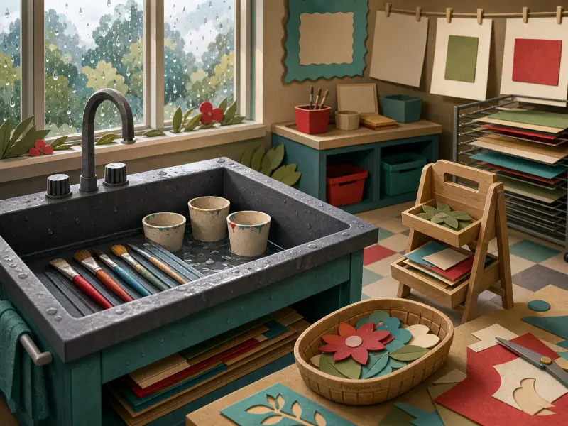An art classroom washbasin with soaking paintbrushes beside craft tables and a rainy window.