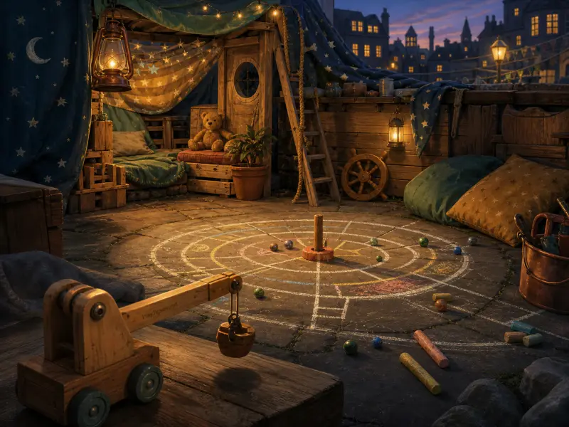 A cozy rooftop play fort at dusk with star-patterned curtains, glowing lanterns, a chalk target, and wooden toys.