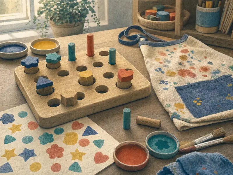 Wooden shape stamps in a pegboard on a craft table next to stamped paper and a paint-splattered apron.